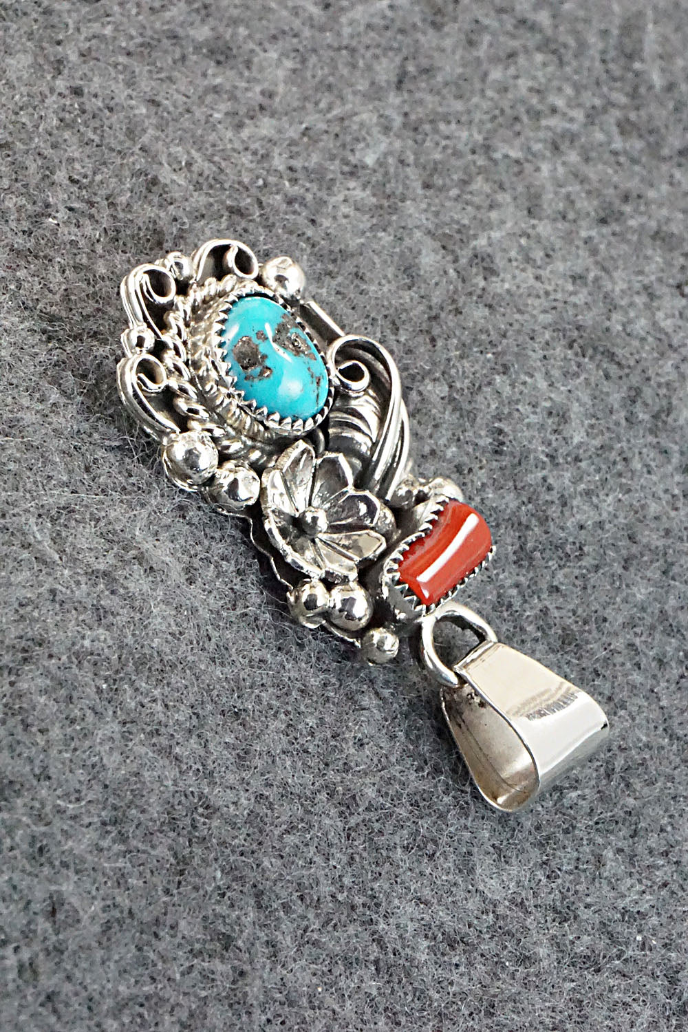 Turquoise, Coral and Sterling Silver Pendant - Sandra Parkett