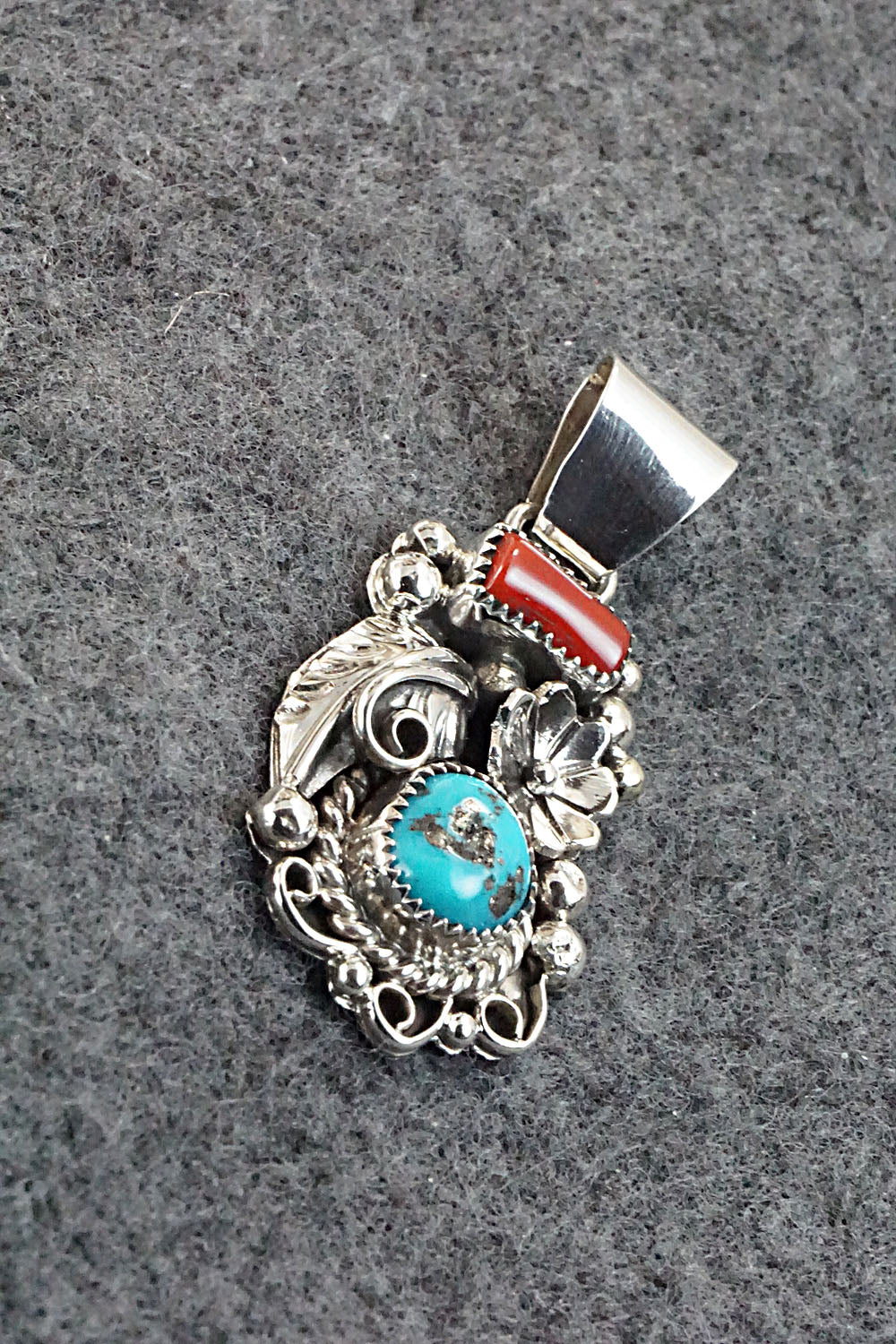 Turquoise, Coral and Sterling Silver Pendant - Sandra Parkett