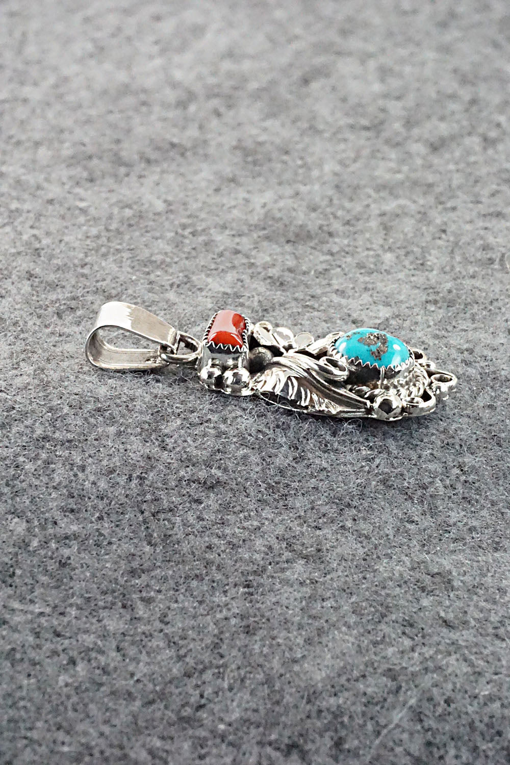 Turquoise, Coral and Sterling Silver Pendant - Sandra Parkett