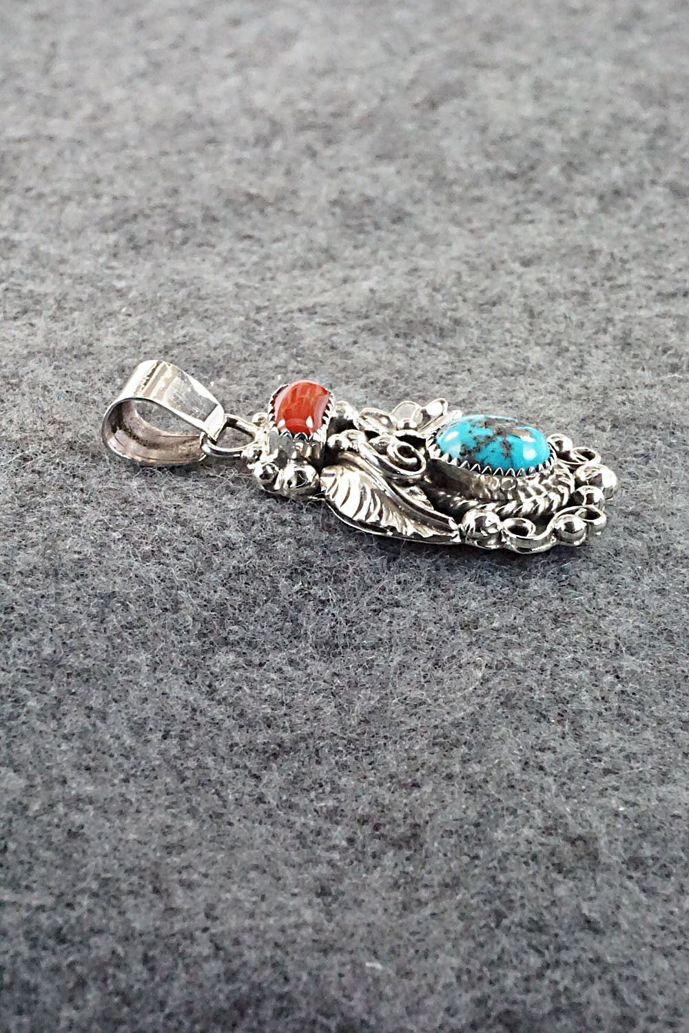 Turquoise, Coral and Sterling Silver Pendant - Sandra Parkett