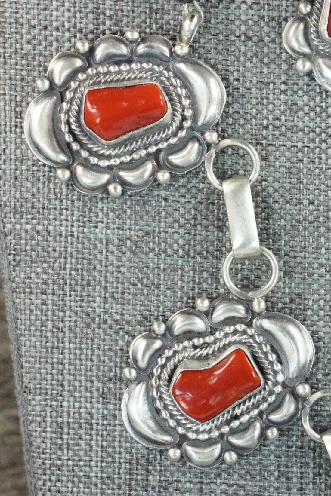 Turquoise, Coral & Sterling Silver Necklace and Earrings Set - Tom Lewis