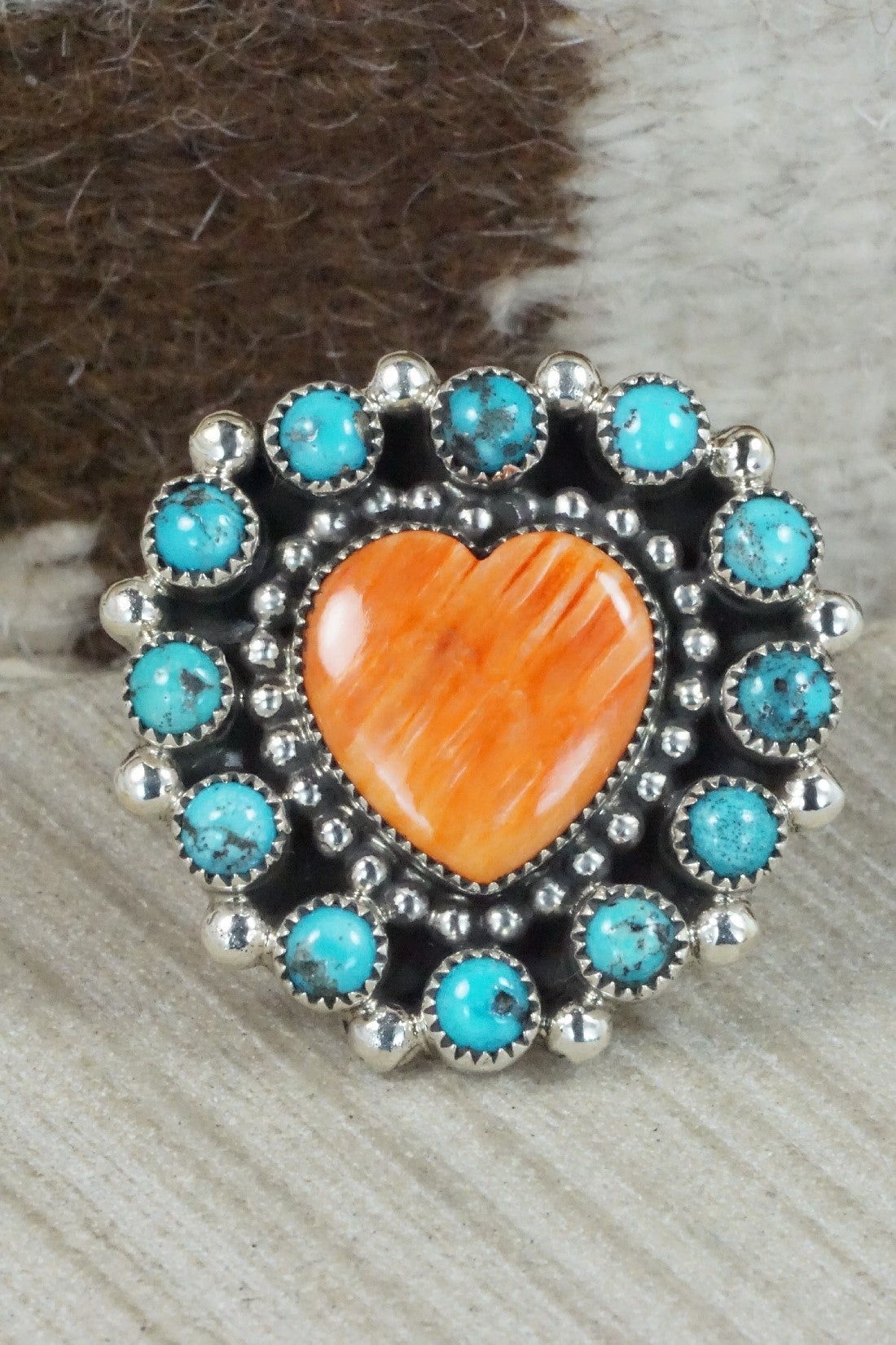 Spiny Oyster, Turquoise & Sterling Silver Ring - Sandra Parkett - Size 7.5 (Adj)