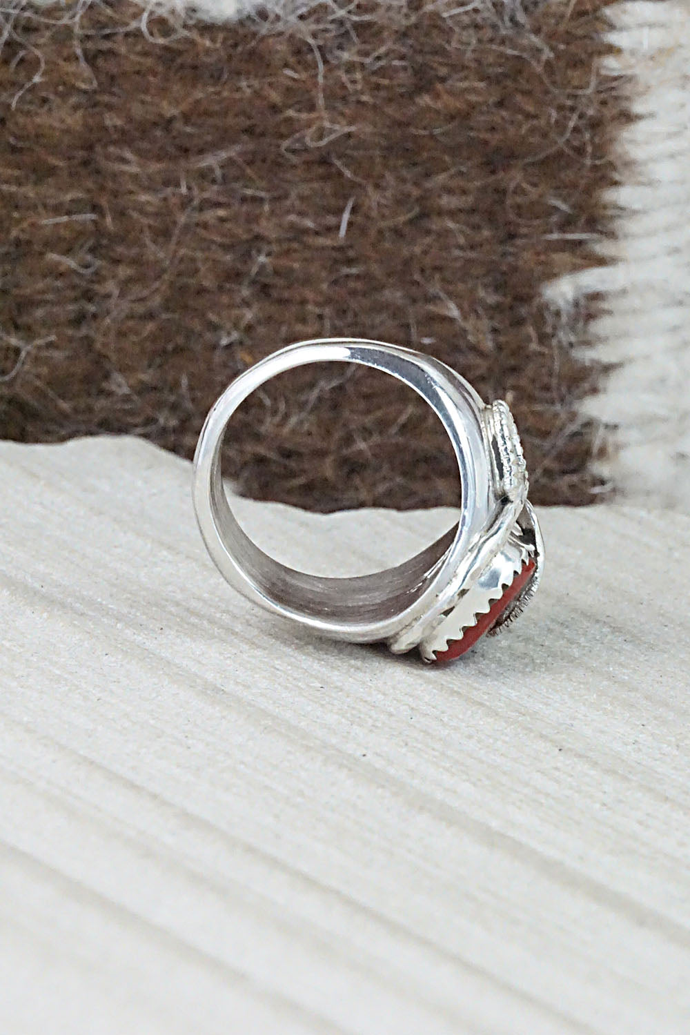 Turquoise, Coral & Sterling Silver Ring - Joy Calavaza - Size 6.5