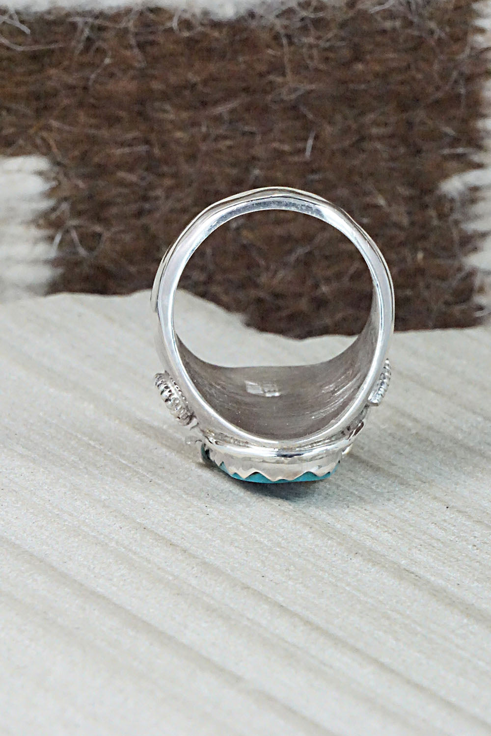 Turquoise, Coral & Sterling Silver Ring - Joy Calavaza - Size 11