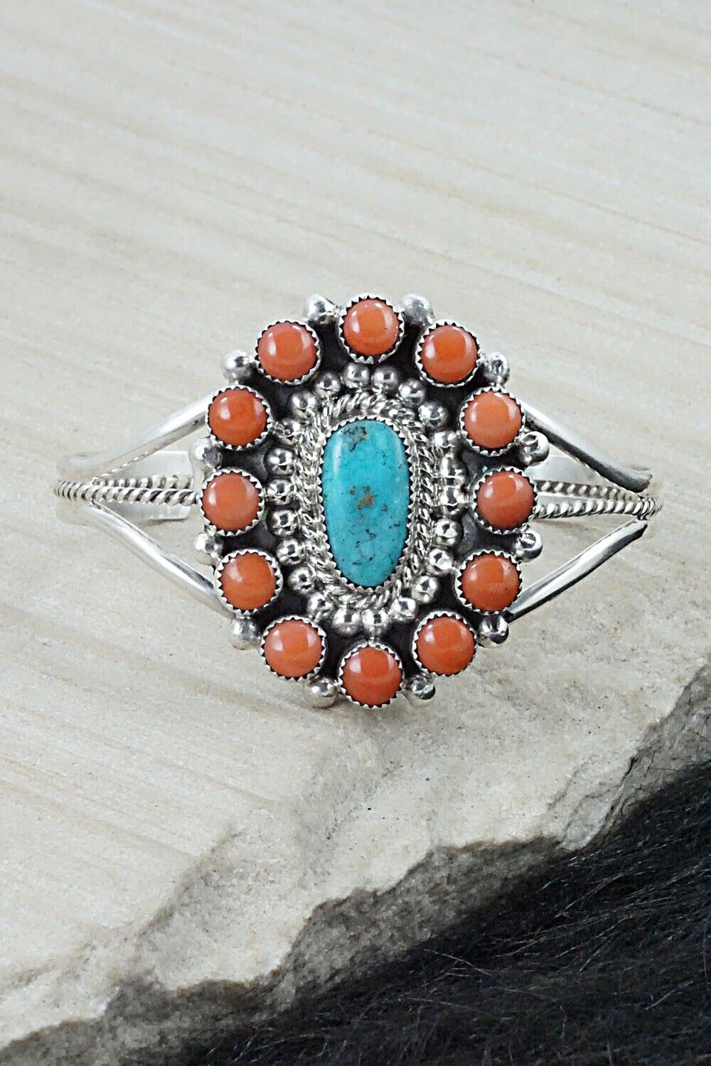 Coral, Turquoise & Sterling Silver Bracelet - Leonard Spencer
