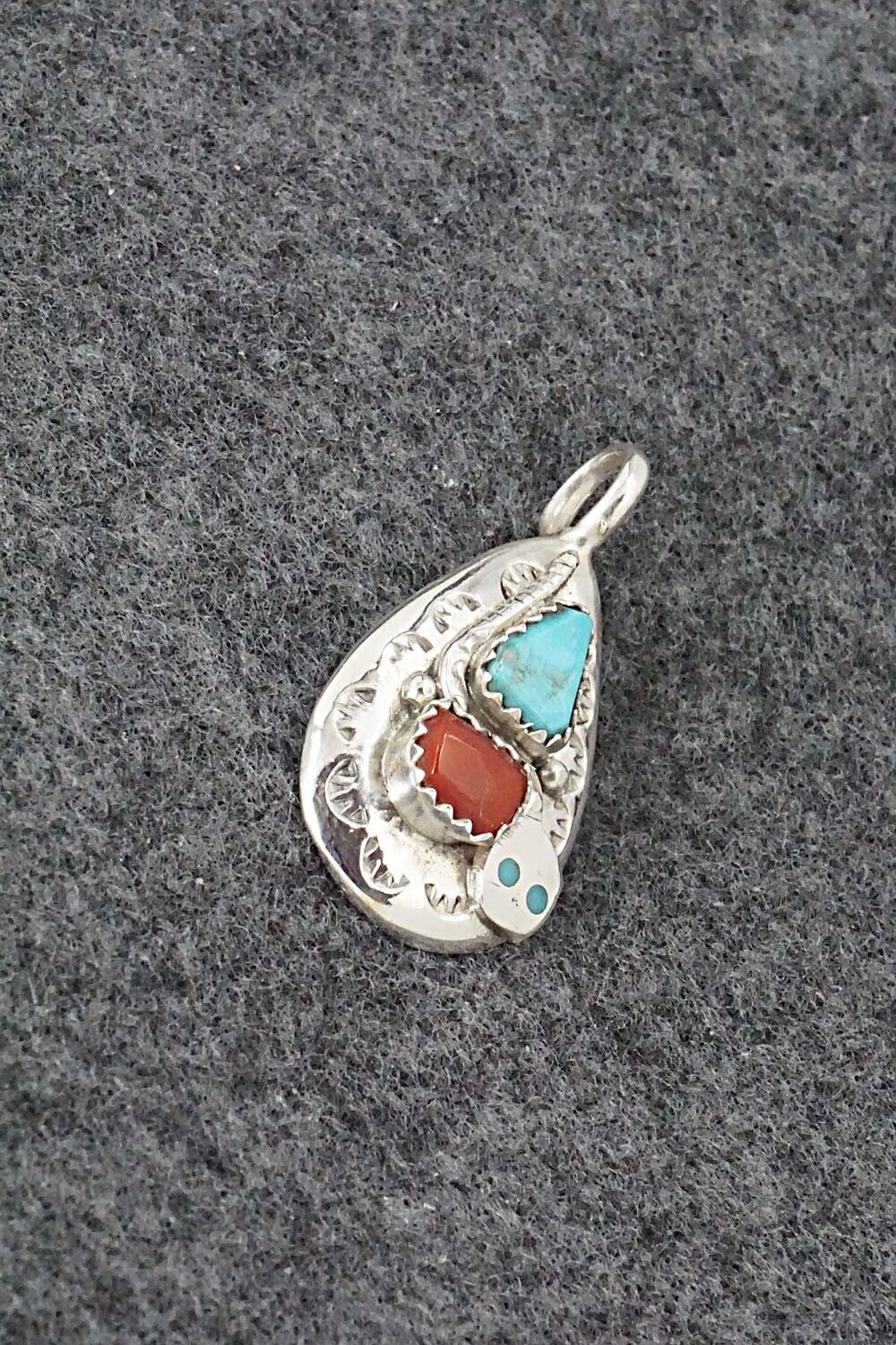 Turquoise, Coral and Sterling Silver Pendant - Joy Calavaza