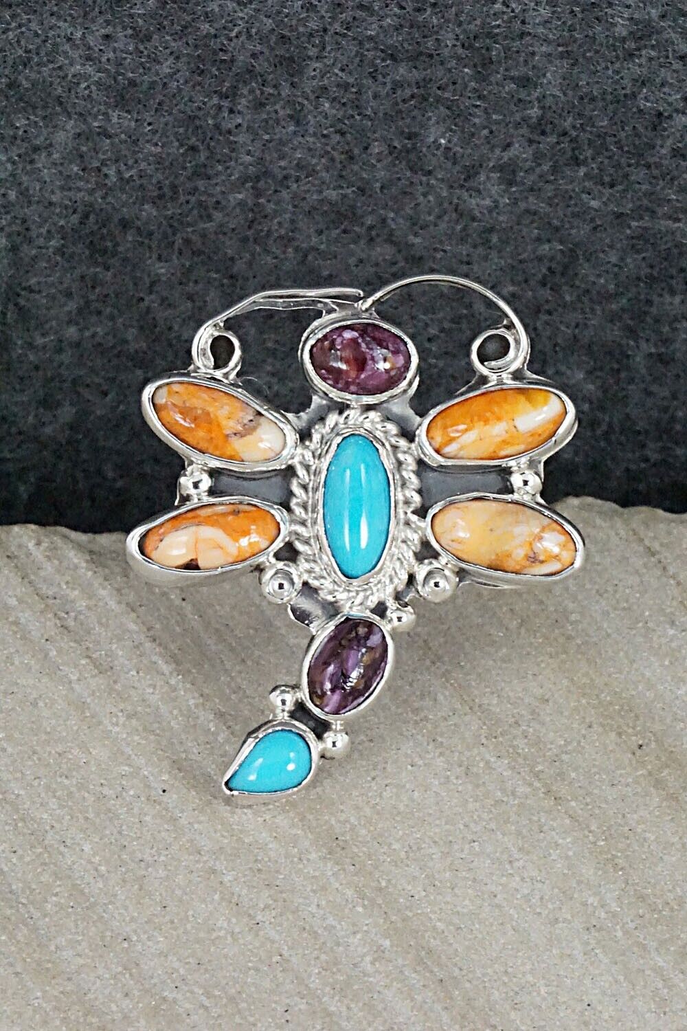 Turquoise, Spiny Oyster & Sterling Silver Ring - Bobby Platero - Size 7.75