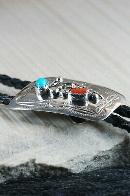 Navajo Turquoise, Coral & Sterling Silver Bolo Tie - Wilbur Myers