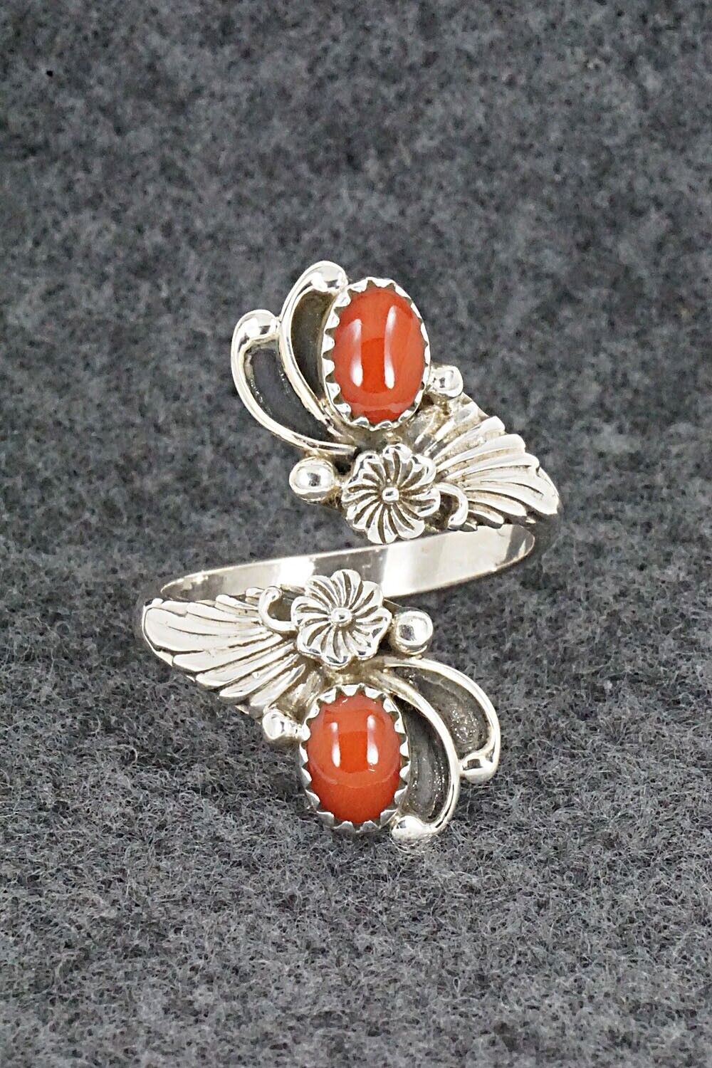 Coral and Sterling Silver Ring - Etta Belin - Size 9.5