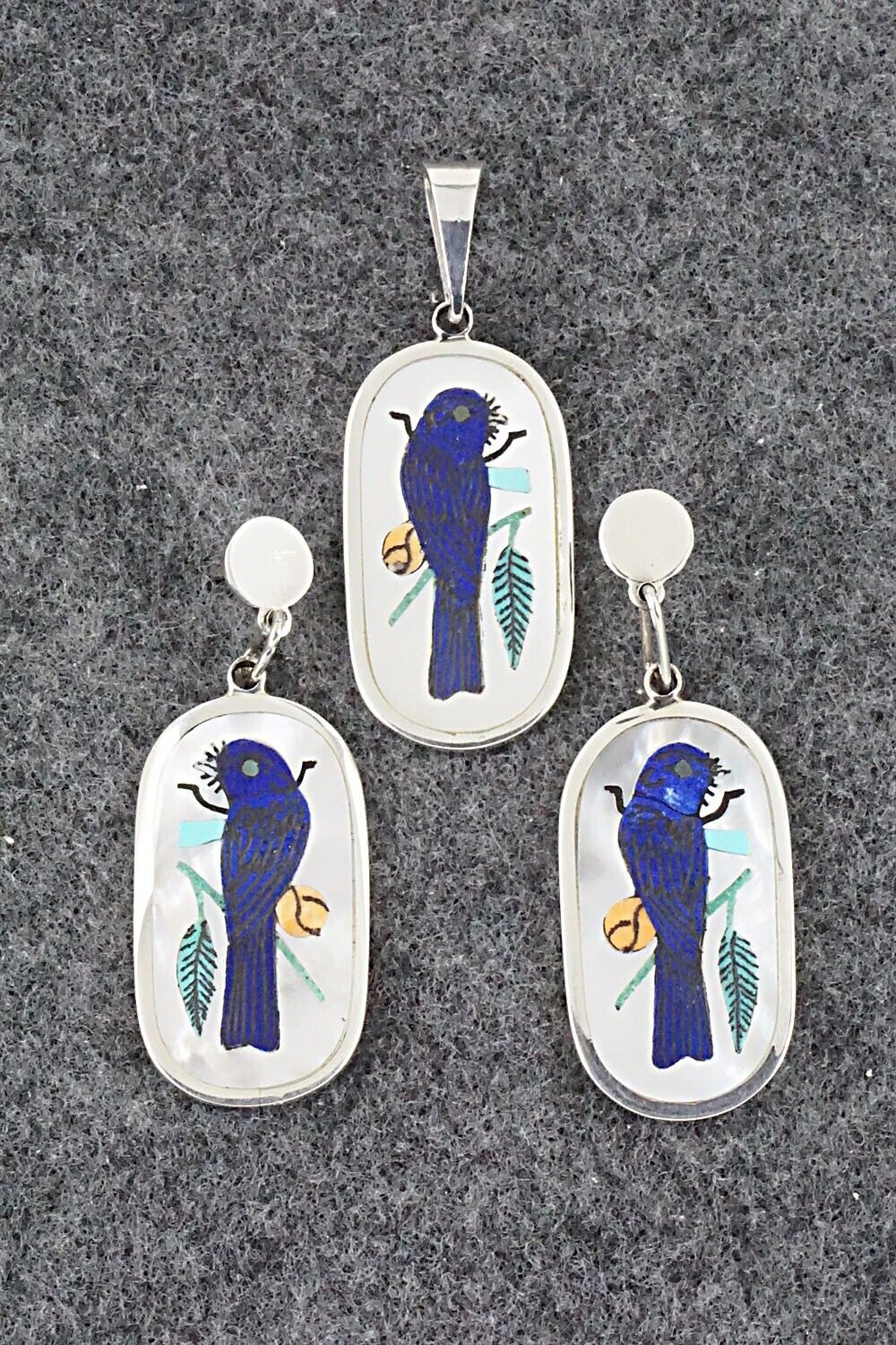 Multi Stone & Sterling Silver Inlay Pendant and Earrings Set - Harlan Coonsis