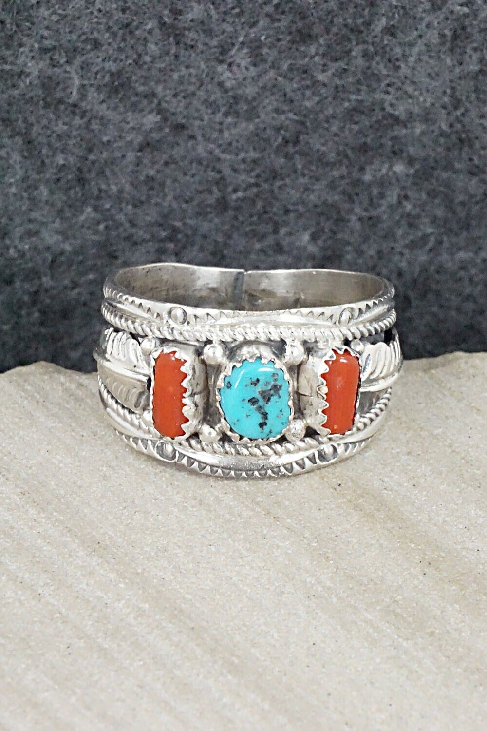 Turquoise, Coral and Sterling Silver Ring - Betty Begay - Size 12