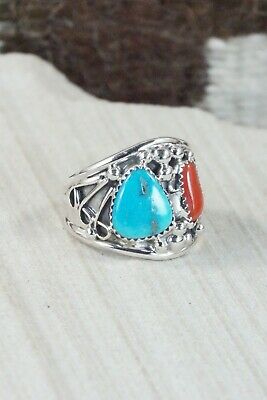 Turquoise, Coral & Sterling Silver Ring - Jeanette Saunders - Size 12