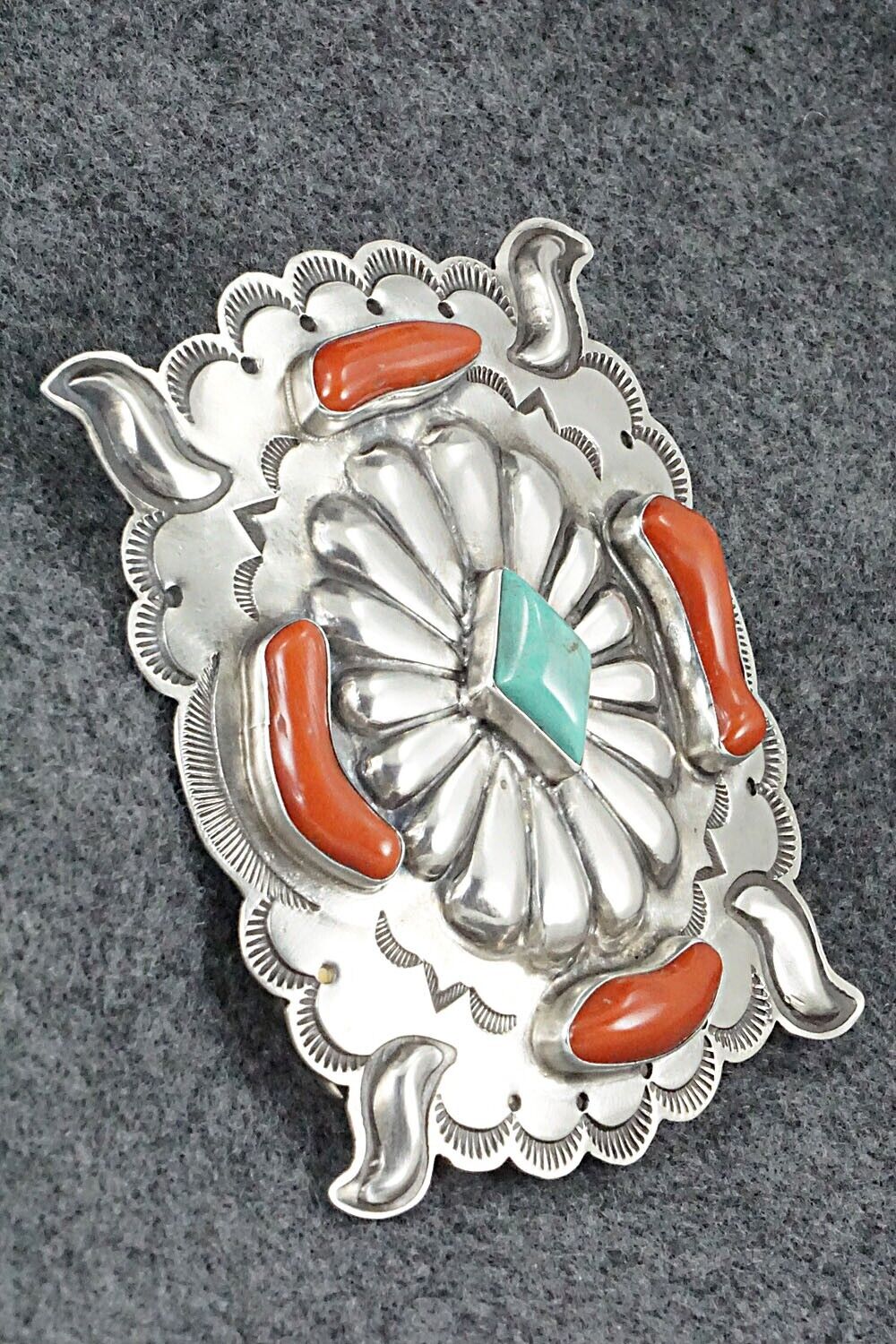 Turquoise, Coral & Sterling Silver Belt Buckle - Wallace Yazzie, Jr.