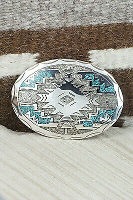 Turquoise Chip Inlay & Sterling Silver Belt Buckle - Raymond Begay