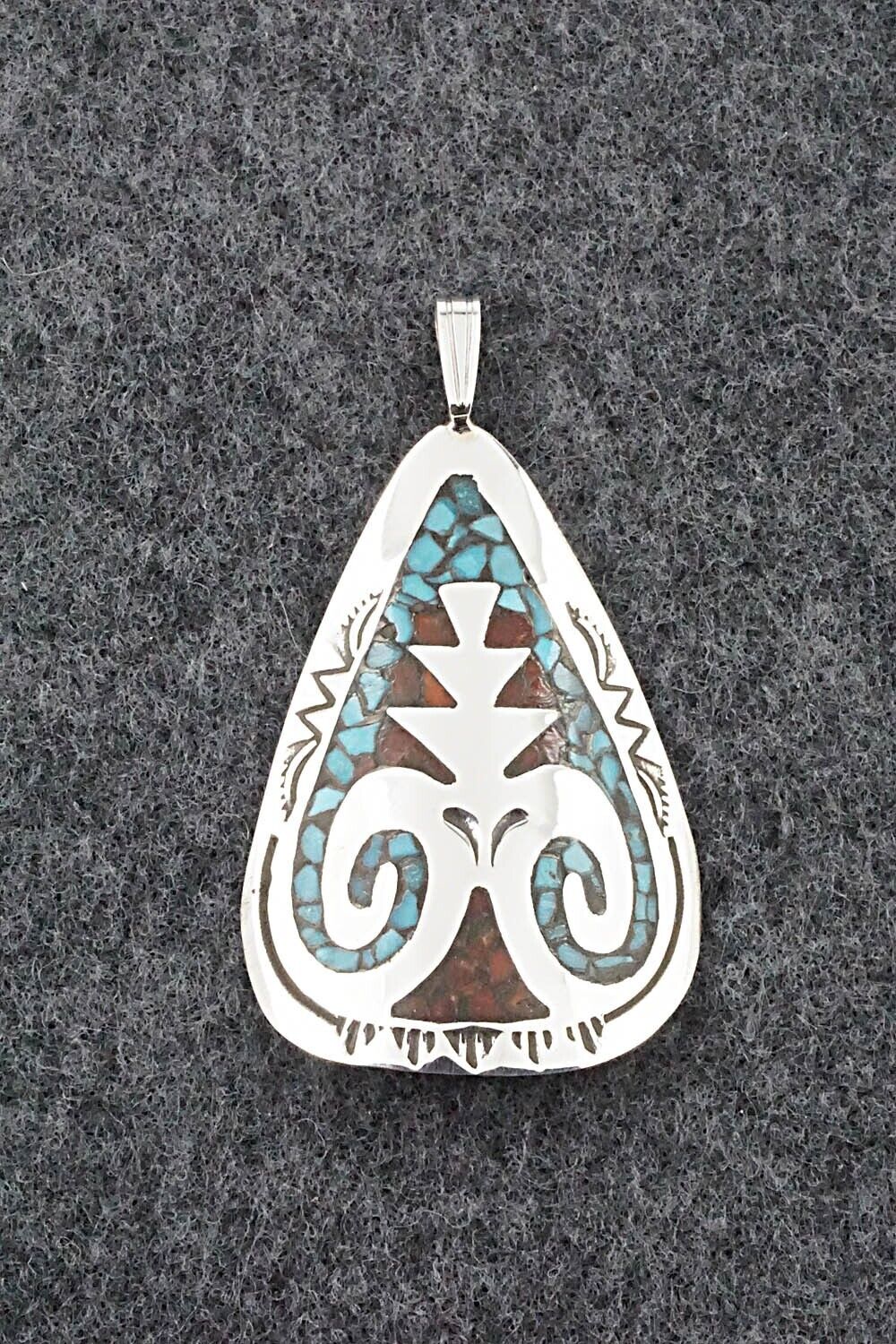 Turquoise, Coral and Sterling Silver Pendant - Jolene Yazzie