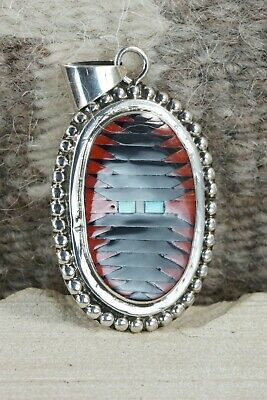 Zuni Inlay Coral & Sterling Silver Pendant - Charlotte Dishta