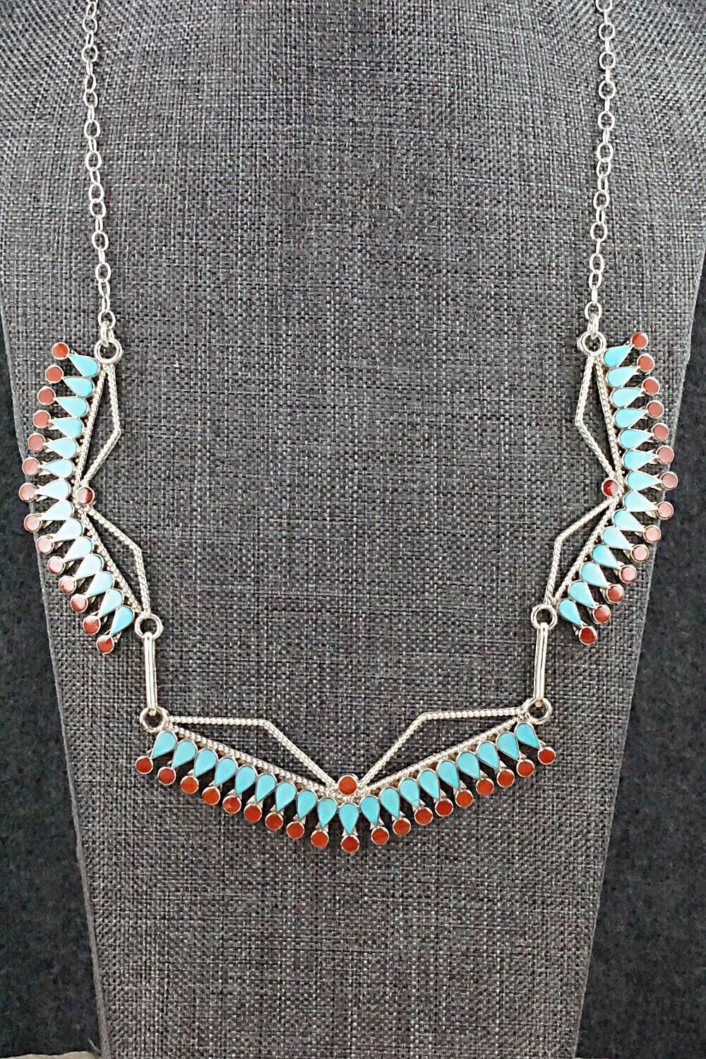 Turquoise, Coral & Sterling Silver Necklace - Fadrian Bowannie