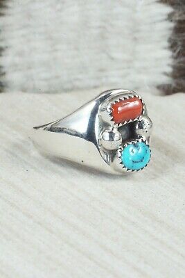 Turquoise, Coral & Sterling Silver Ring - Wilbur Myers - Size 11