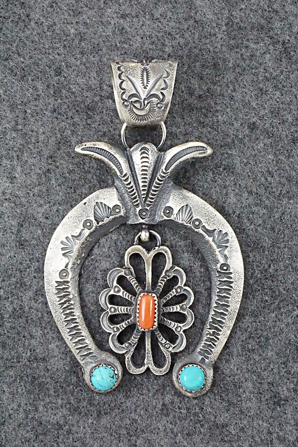 Turquoise, Coral and Sterling Silver Naja Pendant - Eva Cayatineto