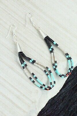 Turquoise, Shell, Jet & Sterling Silver Earrings - Esquipula Tenorio