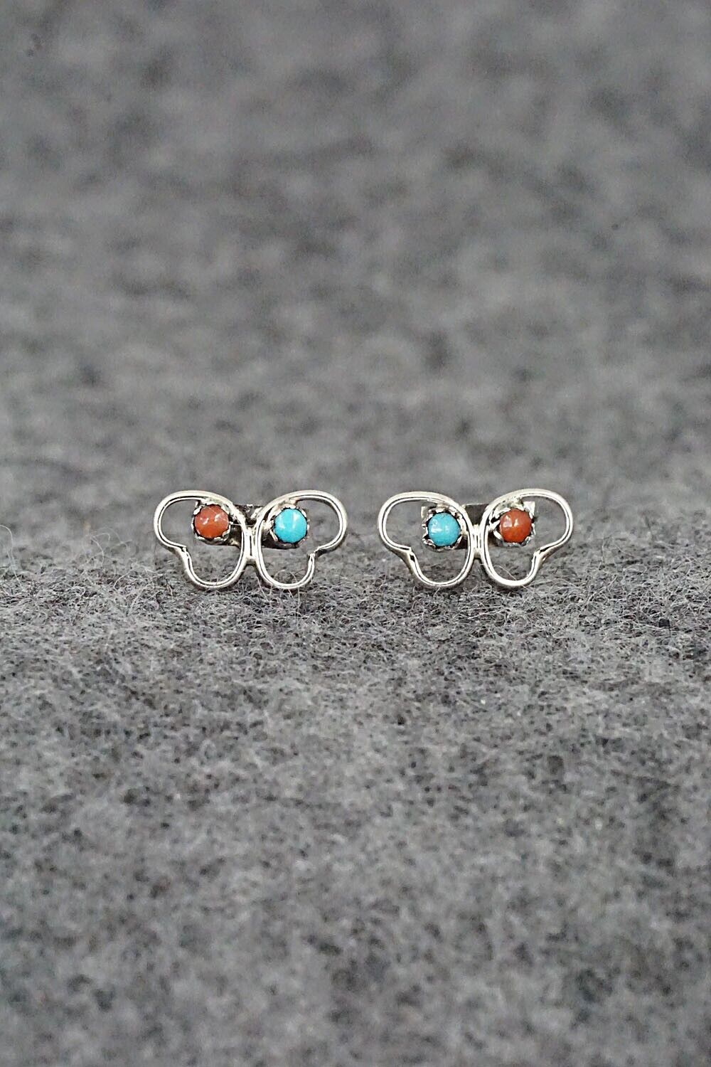 Turquoise, Coral & Sterling Silver Earrings - Dorothy Natachu