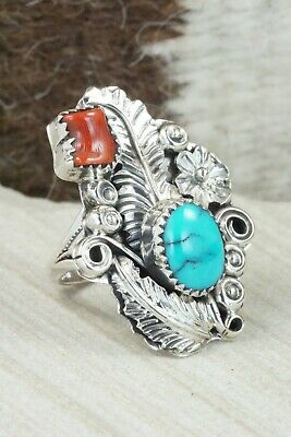 Turquoise, Coral & Sterling Silver Ring - Harry Yazzie - Size 6