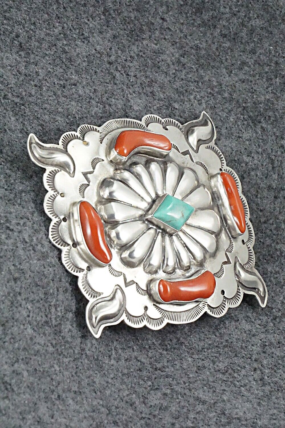Turquoise, Coral & Sterling Silver Belt Buckle - Wallace Yazzie, Jr.