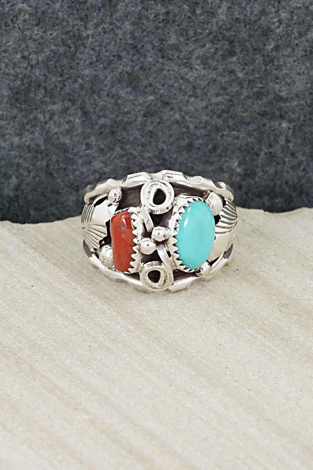 Turquoise, Coral & Sterling Silver Ring - Max Calladitto - Size 11