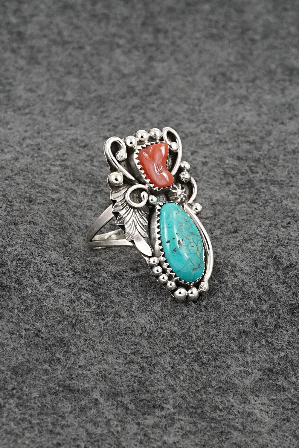 Turquoise, Coral & Sterling Silver Ring - Herbert Begaye - Size 9.5