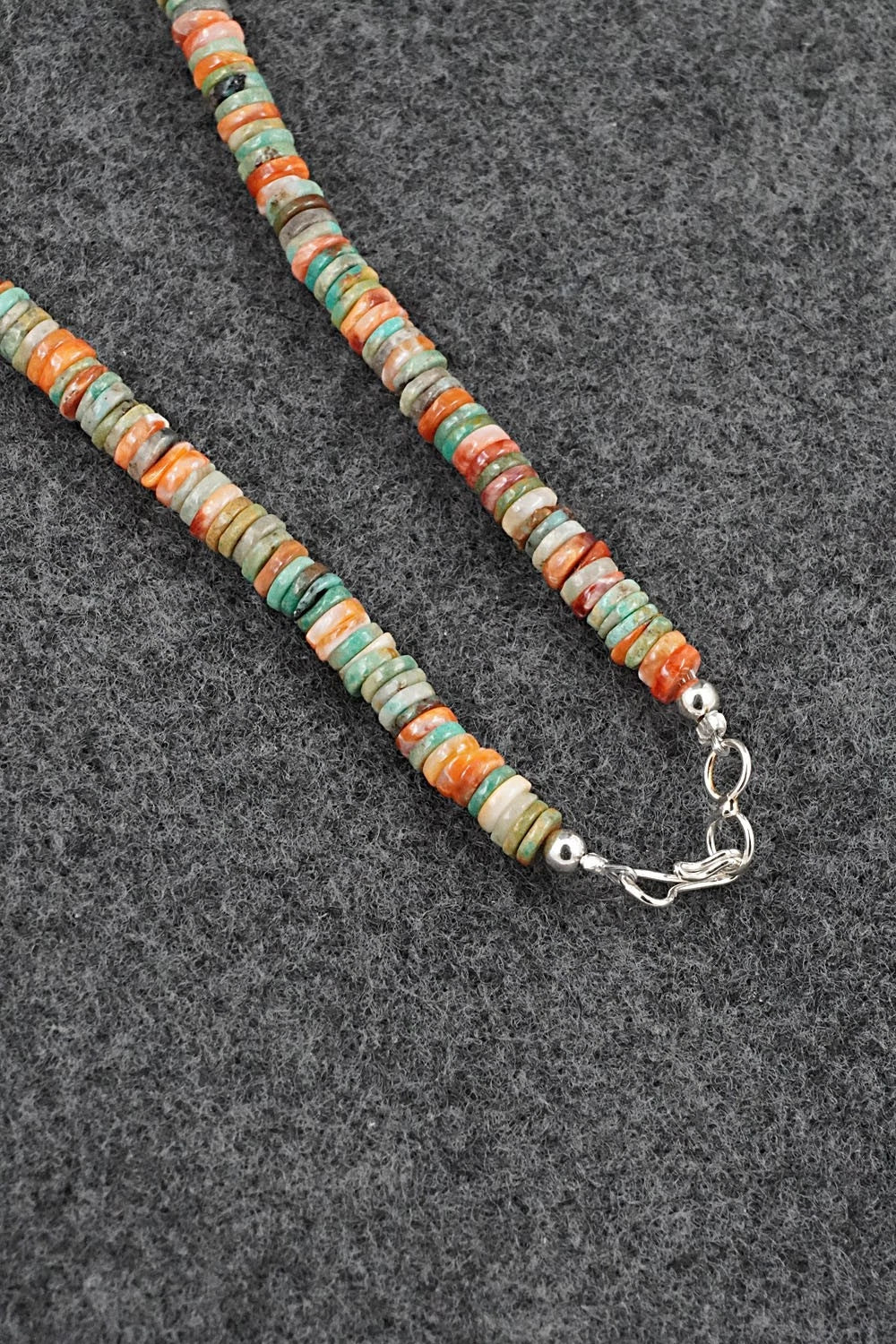 Turquoise, Spiny Oyster & Sterling Silver Necklace 17" - Doreen Jake