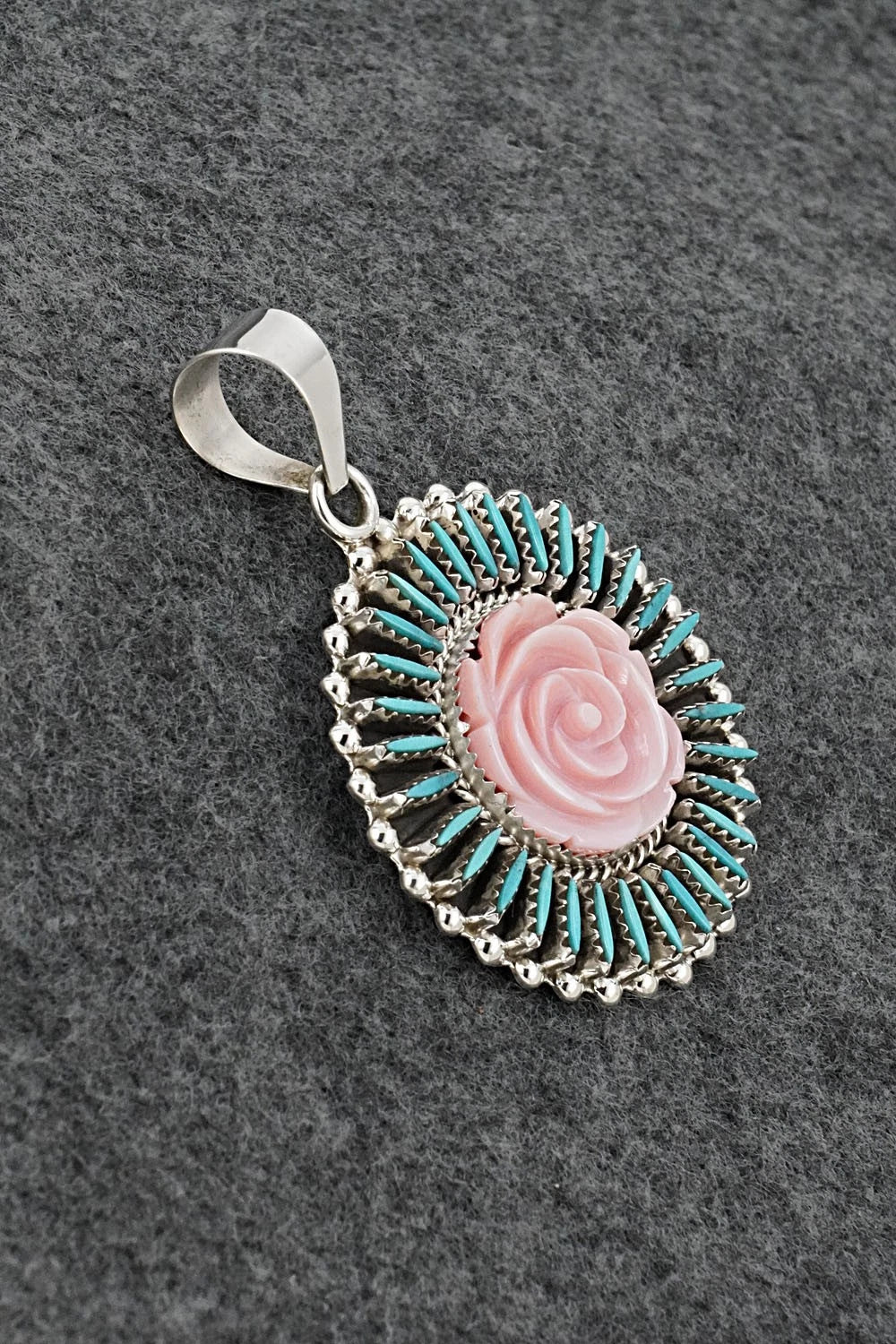 Turquoise, Pink Conch & Sterling Silver Pendant - Roland Francisco