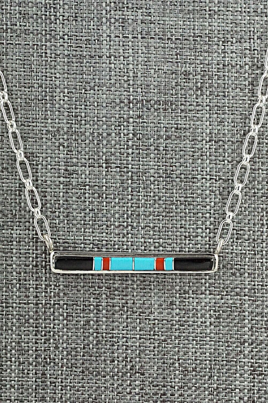 Turquoise, Coral, Onyx & Sterling Silver Inlay Necklace - Roland Natachu
