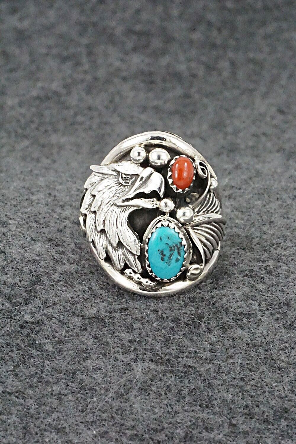 Turquoise, Coral & Sterling Silver Ring - Jeannette Saunders - Size 9.5