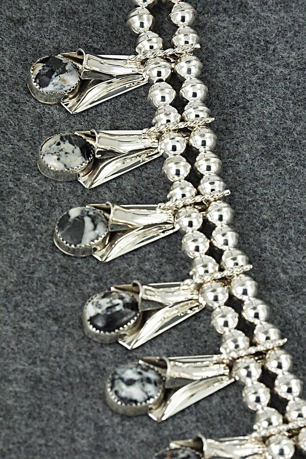 White Buffalo & Sterling Silver Squash Blossom Set - Louise Yazzie