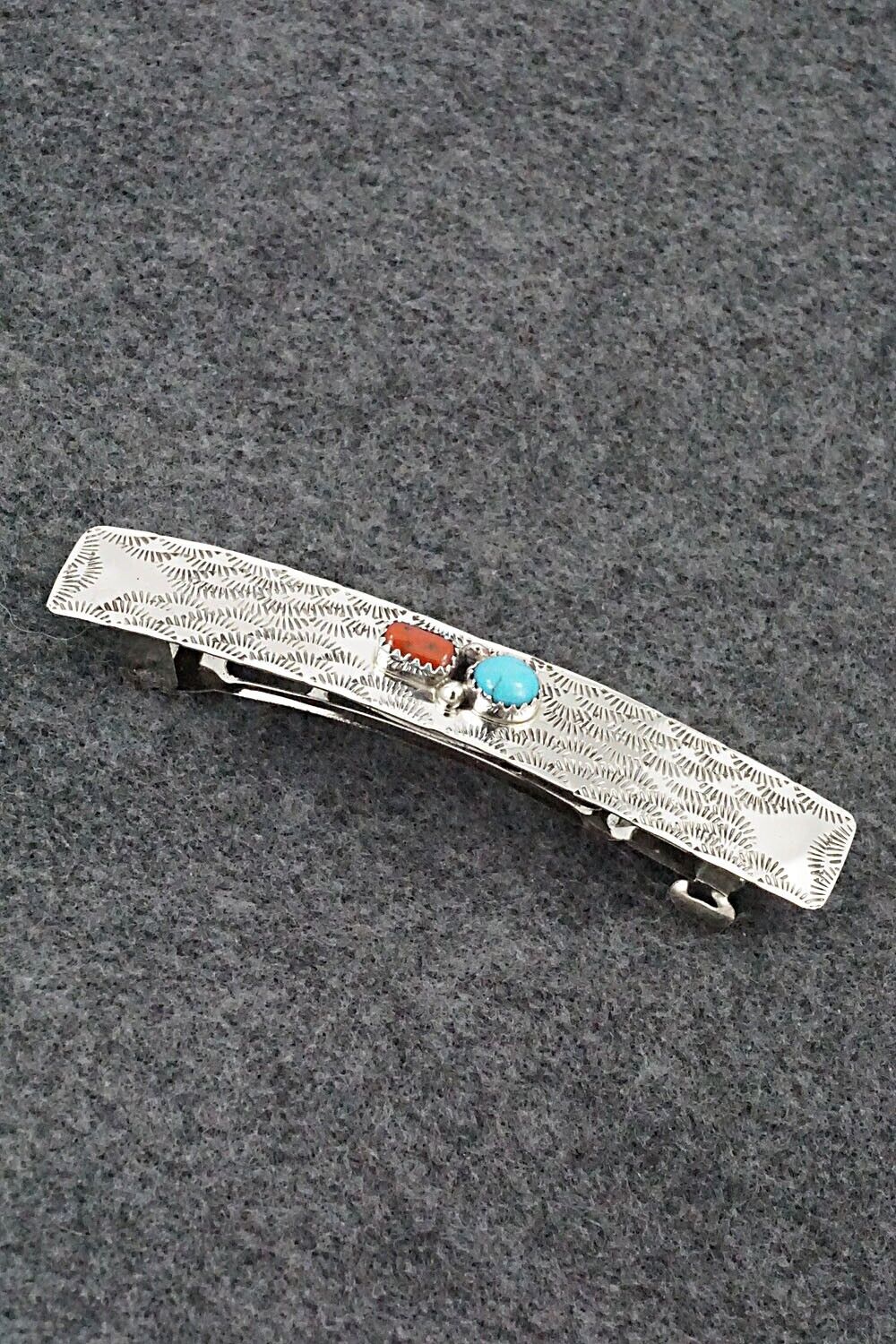 Turquoise, Coral & Sterling Silver Hair Barrette - Sally Arviso