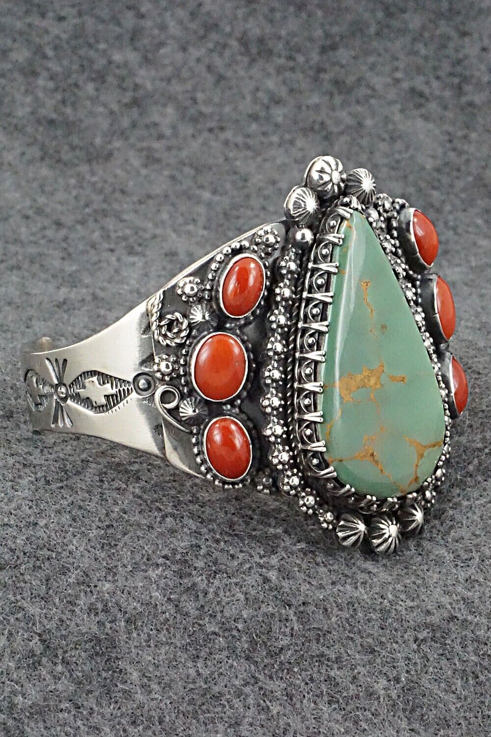Turquoise, Coral & Sterling Silver Bracelet - Readda Begay