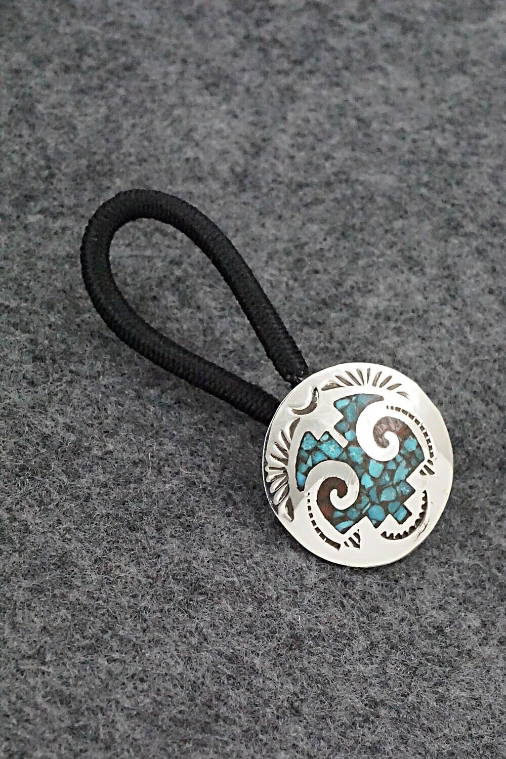Turquoise, Coral Chip Inlay & Sterling Silver Hair Tie - Joleen Yazzie