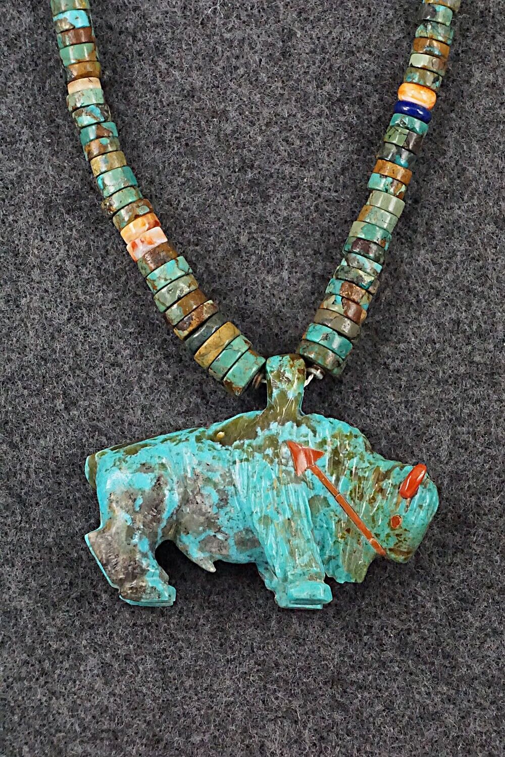 Multi Stone Buffalo Zuni Fetish Carving Beaded Necklace - Andres Quandelacy