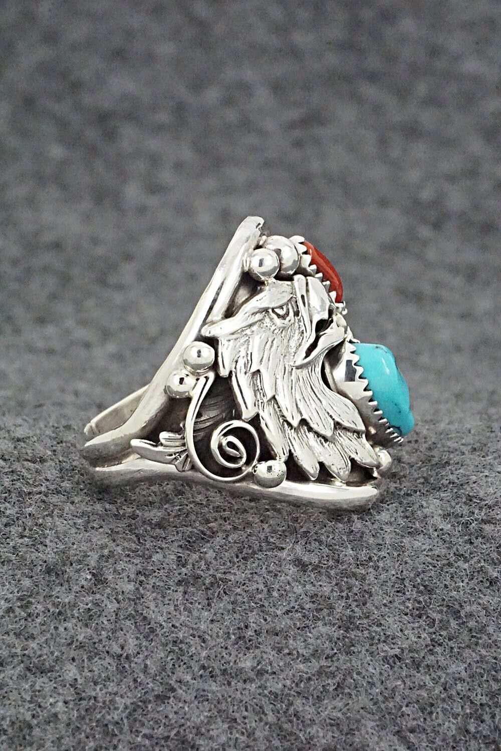 Turquoise, Coral & Sterling Silver Ring - Jeannette Saunders - Size 11