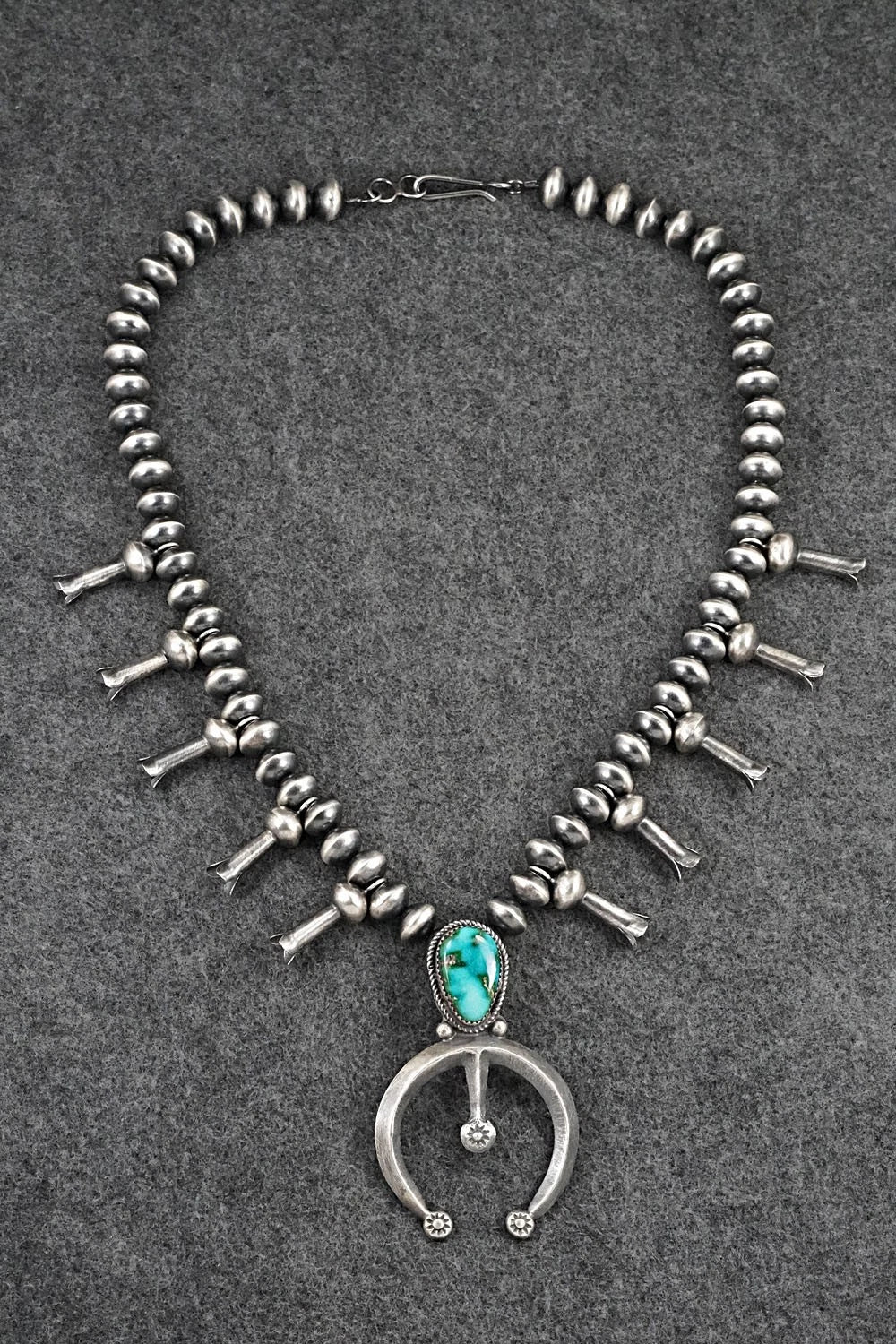 Turquoise & Sterling Silver Navajo Pearl Squash Blossom Necklace - Presley Haley