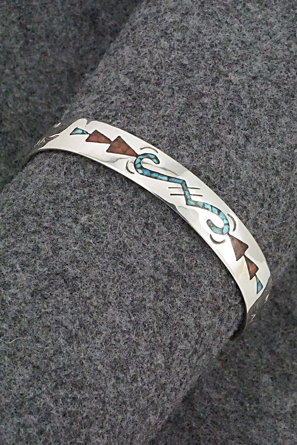 Turquoise, Coral Chip Inlay & Sterling Silver Bracelet - Joleen Yazzie