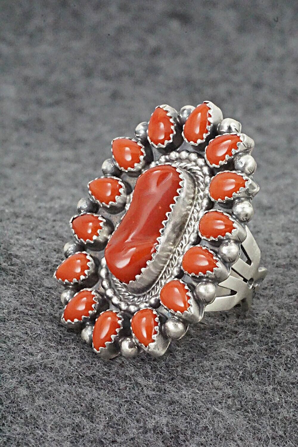 Coral & Sterling Silver Ring - Tom Lewis - Size 8