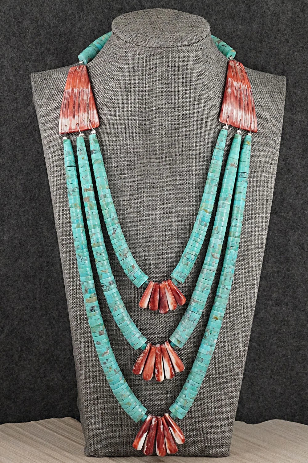 Turquoise, Spiny Oyster and Sterling Silver Necklace - Lupe Lovato