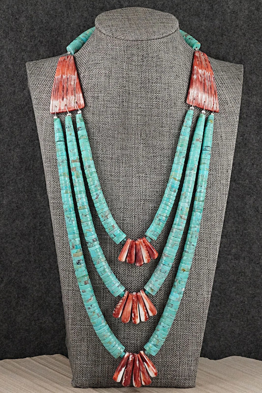 Turquoise, Spiny Oyster and Sterling Silver Necklace - Lupe Lovato
