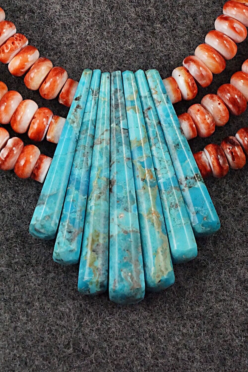 Turquoise, Spiny Oyster and Sterling Silver Necklace - Lupe Lovato