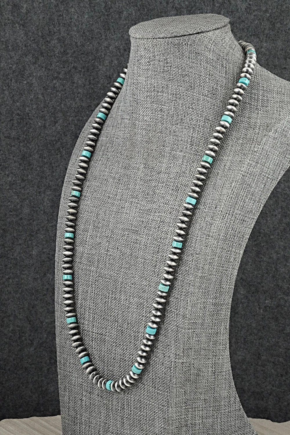 Turquoise & Sterling Silver Navajo Pearl Necklace 24" - Crystal Haley