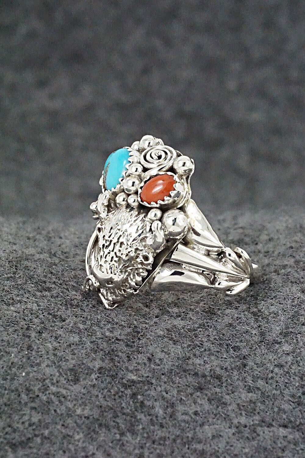 Turquoise, Coral & Sterling Silver Ring - Jeannette Saunders - Size 10.5