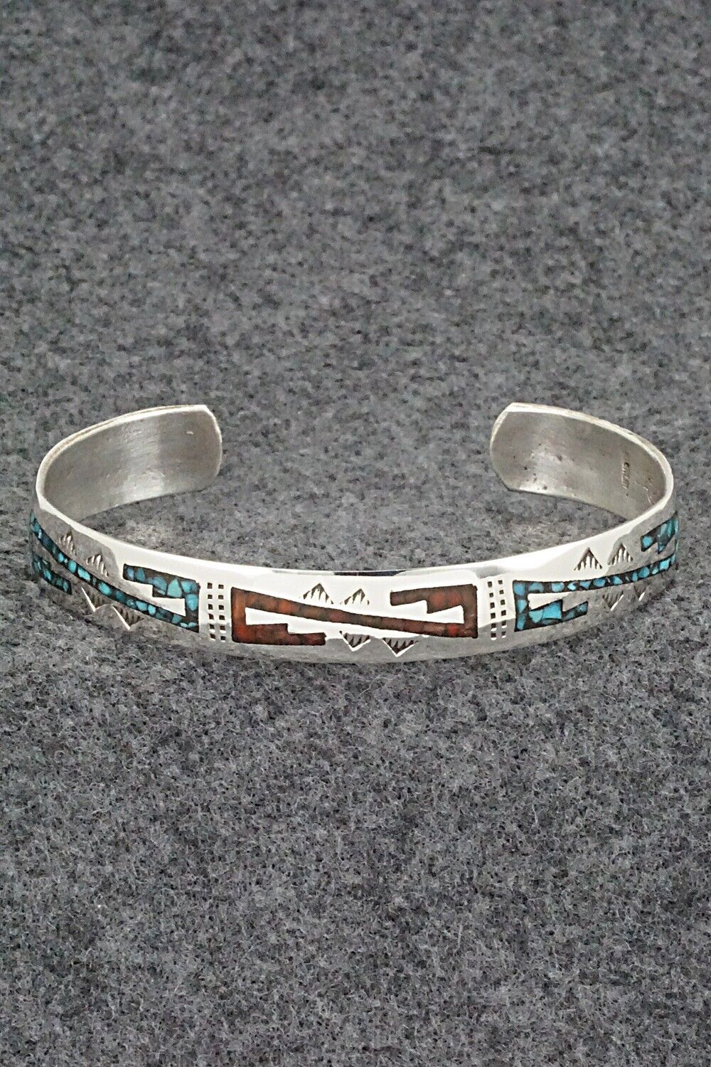 Turquoise, Coral Chip Inlay & Sterling Silver Bracelet - Joleen Yazzie