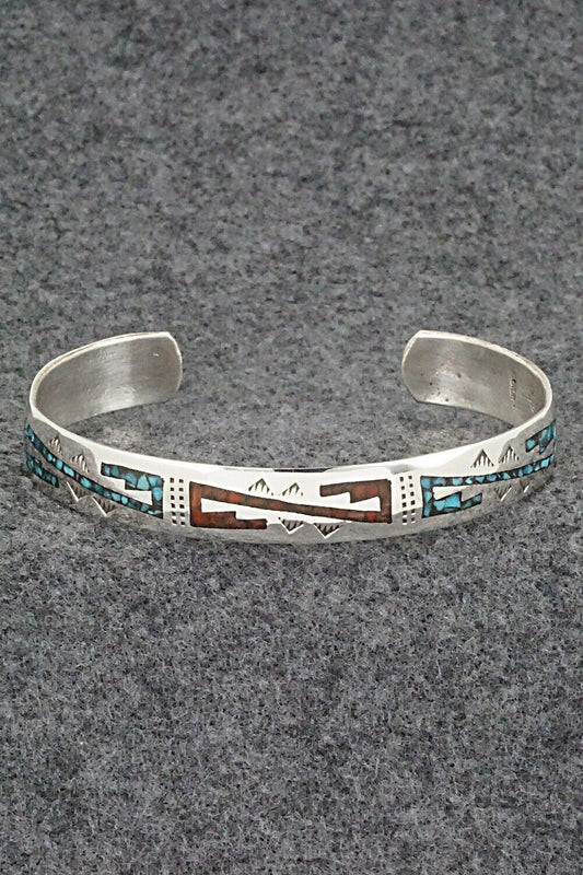 Turquoise, Coral Chip Inlay & Sterling Silver Bracelet - Joleen Yazzie