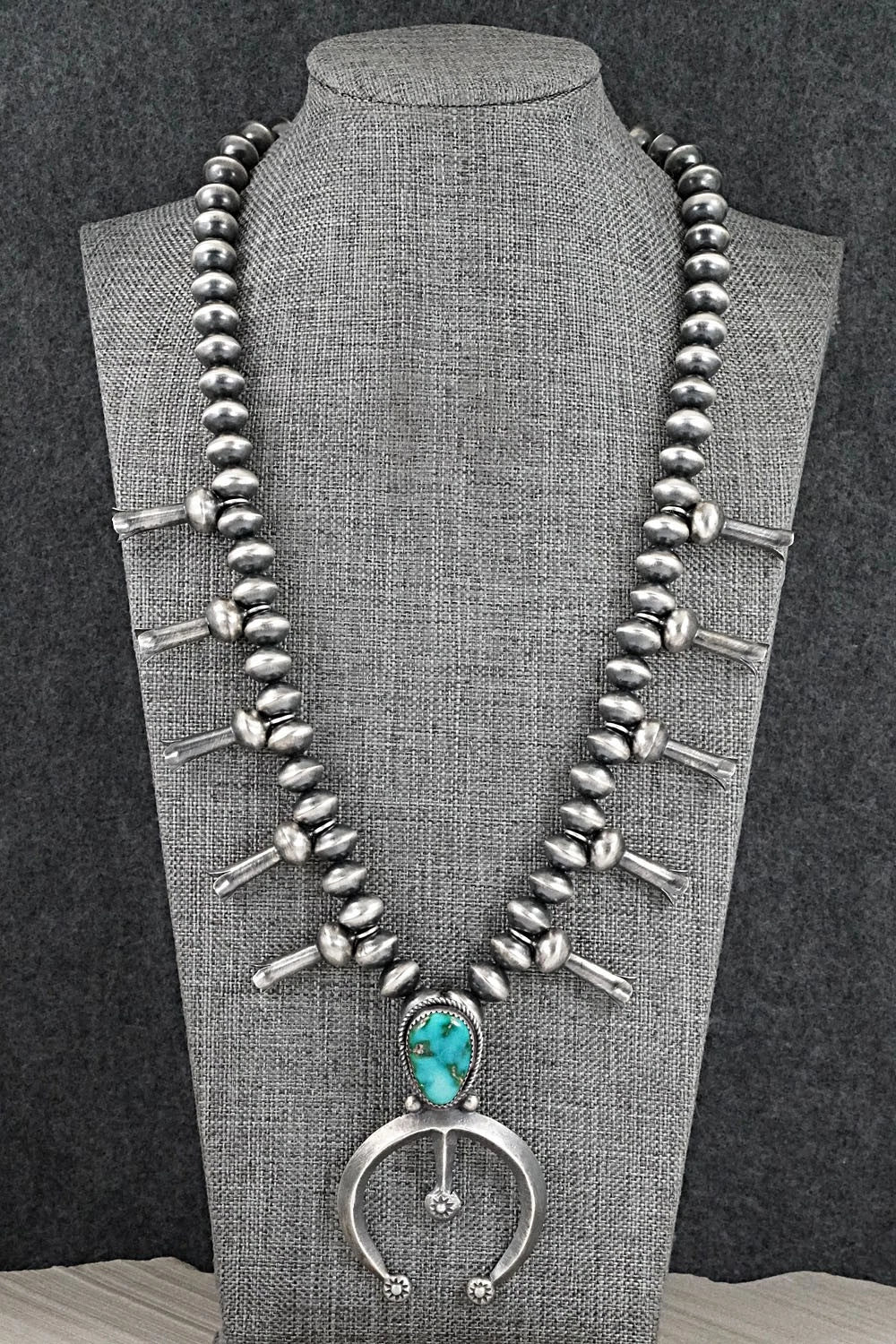 Turquoise & Sterling Silver Navajo Pearl Squash Blossom Necklace - Presley Haley